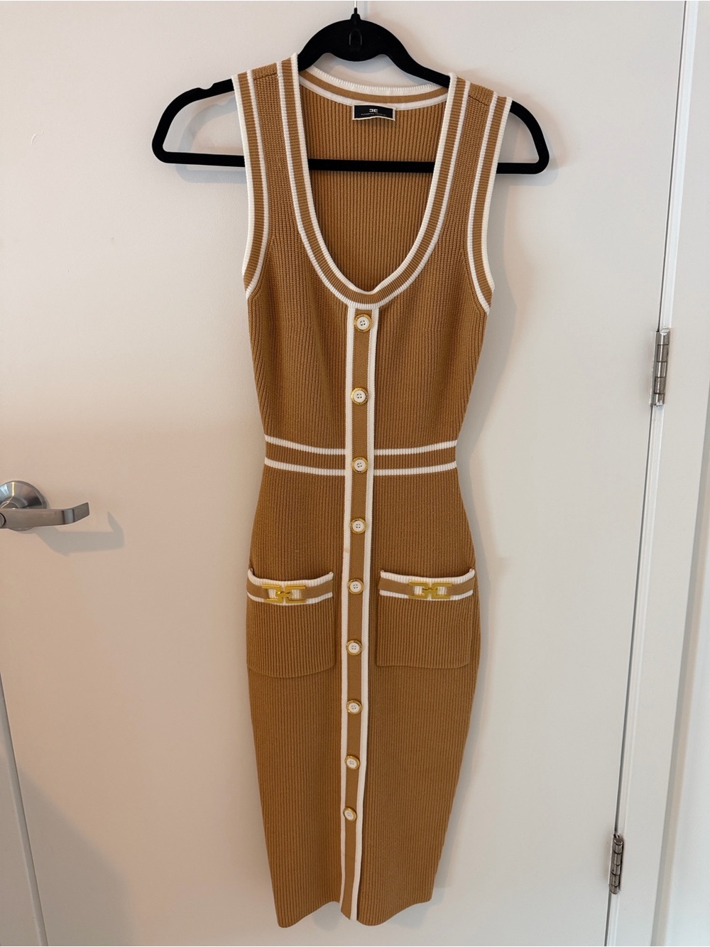Sleeveless Ribbed Midi Dress with White Trim in Tan